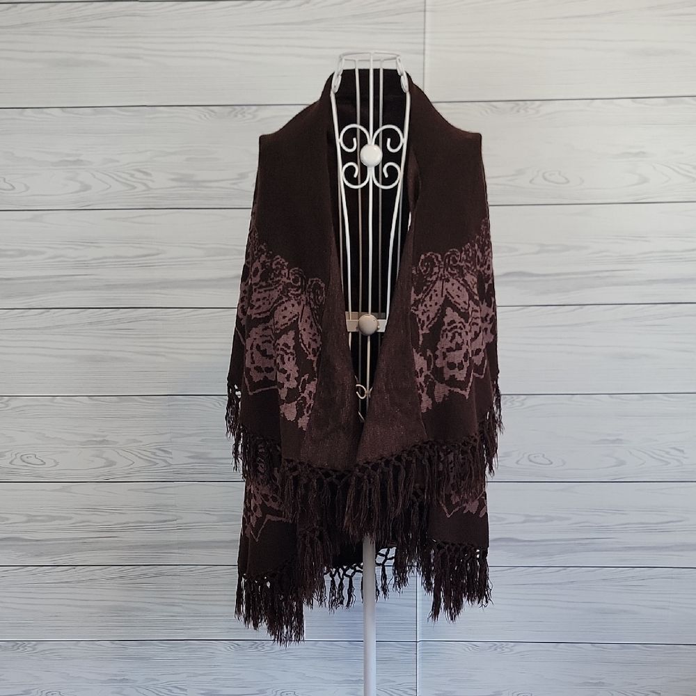 Open Front Poncho/shawl Knit Sweater With Long Fringe Womens M